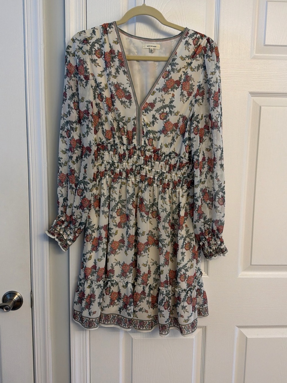 Max Studio Ivory Floral Long Sleeve Smocked Waist Mini Dress